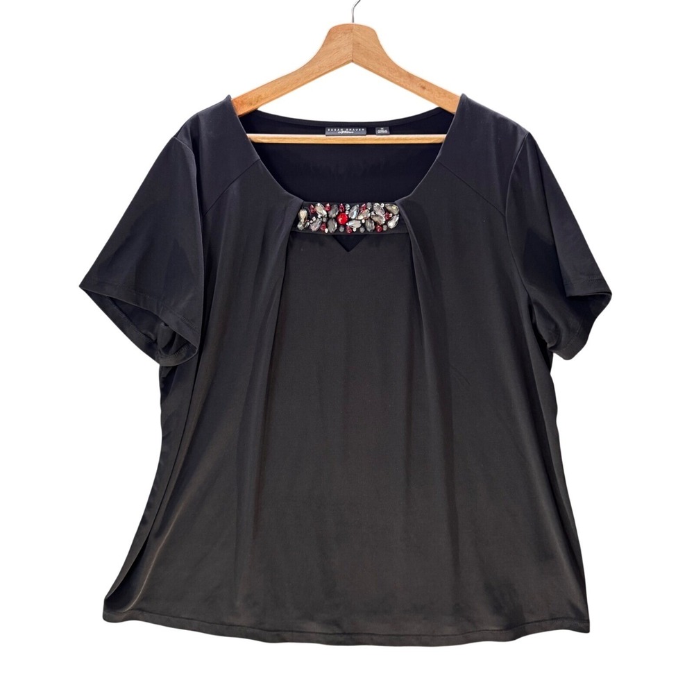 Susan Graver Liquid Knit Top 1X Black Embellished Short Sleeve Stretch